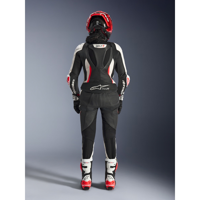 Moteriškas dviejų dalių odinis motociklo kostiumas „Alpinestars Stella GP-R7“ juodas-baltas-fluorescencinis raudonas