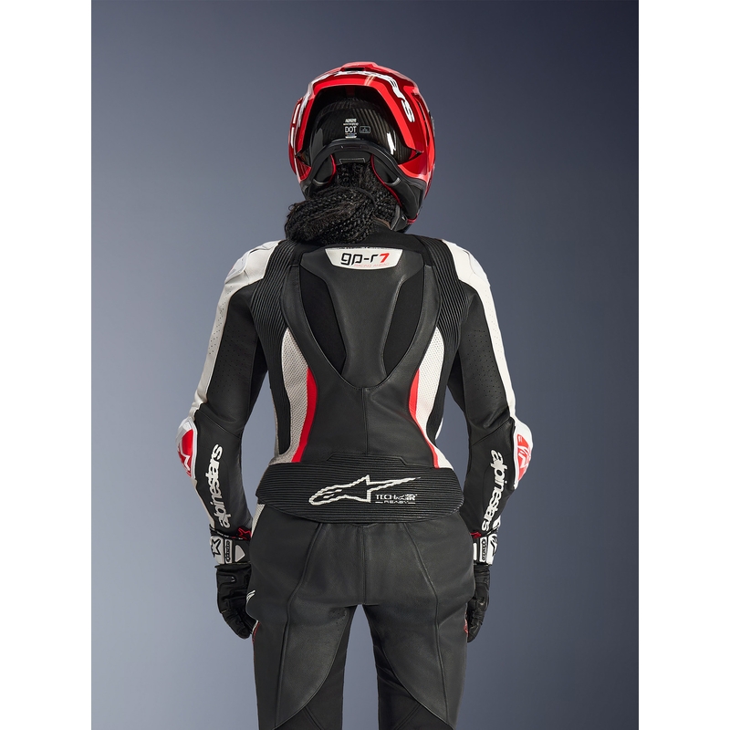 Moteriškas dviejų dalių odinis motociklo kostiumas „Alpinestars Stella GP-R7“ juodas-baltas-fluorescencinis raudonas