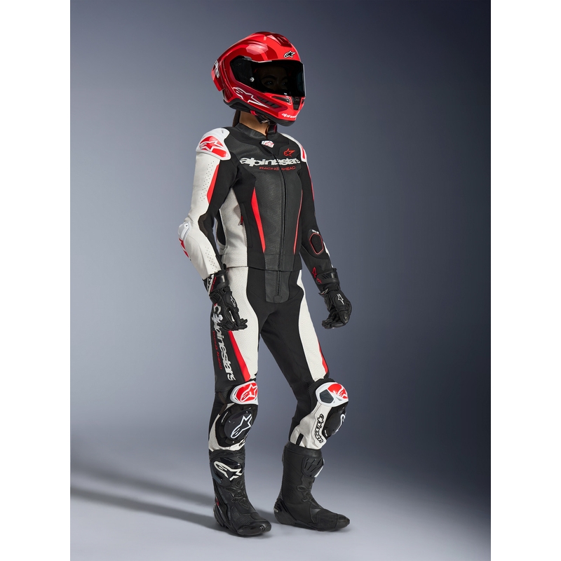 Moteriškas dviejų dalių odinis motociklo kostiumas „Alpinestars Stella GP-R7“ juodas-baltas-fluorescencinis raudonas