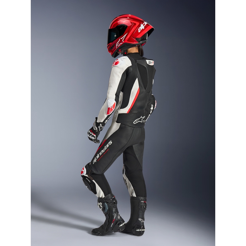 Moteriškas dviejų dalių odinis motociklo kostiumas „Alpinestars Stella GP-R7“ juodas-baltas-fluorescencinis raudonas