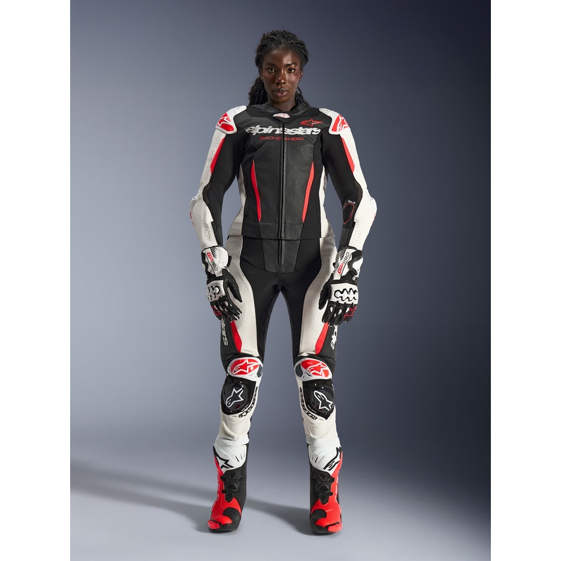 Moteriškas dviejų dalių odinis motociklo kostiumas „Alpinestars Stella GP-R7“ juodas-baltas-fluorescencinis raudonas