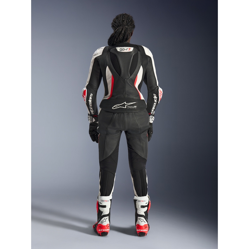 Moteriškas dviejų dalių odinis motociklo kostiumas „Alpinestars Stella GP-R7“ juodas-baltas-fluorescencinis raudonas