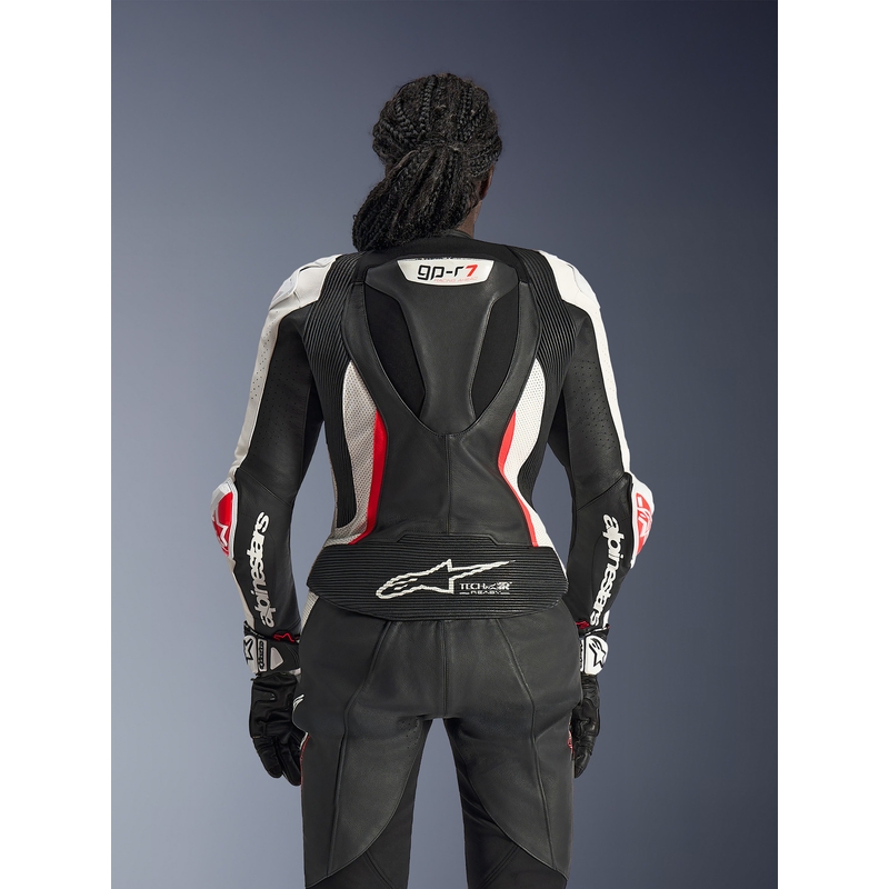 Moteriškas dviejų dalių odinis motociklo kostiumas „Alpinestars Stella GP-R7“ juodas-baltas-fluorescencinis raudonas