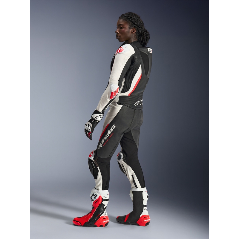 Moteriškas dviejų dalių odinis motociklo kostiumas „Alpinestars Stella GP-R7“ juodas-baltas-fluorescencinis raudonas