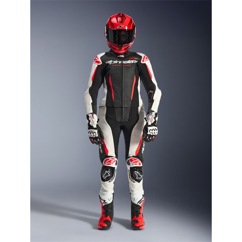 Moteriškas dviejų dalių odinis motociklo kostiumas „Alpinestars Stella GP-R7“ juodas-baltas-fluorescencinis raudonas