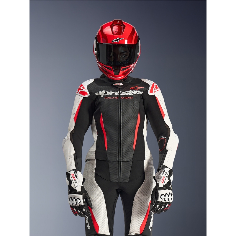 Moteriškas dviejų dalių odinis motociklo kostiumas „Alpinestars Stella GP-R7“ juodas-baltas-fluorescencinis raudonas