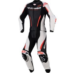 Moteriškas dviejų dalių odinis motociklo kostiumas „Alpinestars Stella GP-R7“ juodas-baltas-fluorescencinis raudonas