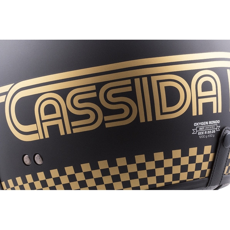 Cassida Oxygen Rondo atviras motociklininko šalmas juodos ir auksinės spalvos