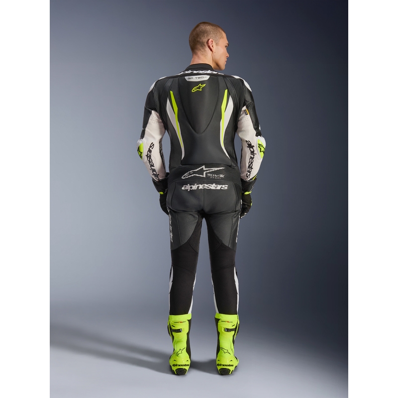 Alpinestars GP TECH V5 vientisas odinis motociklo kostiumas juodas-baltas-fluorescencinis geltonas