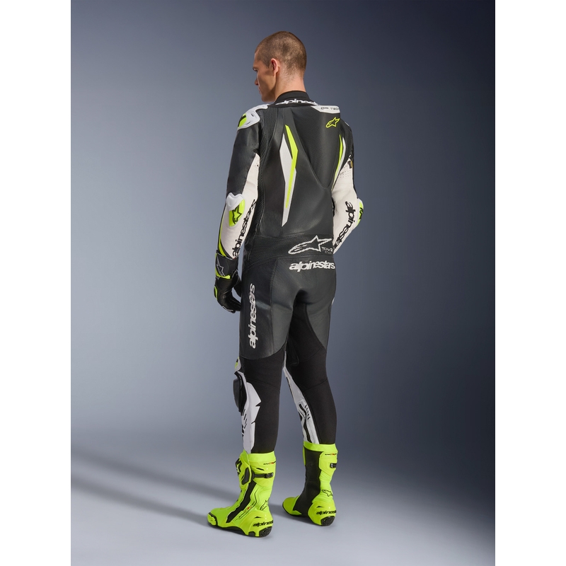 Alpinestars GP TECH V5 vientisas odinis motociklo kostiumas juodas-baltas-fluorescencinis geltonas