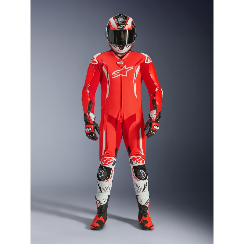 Alpinestars GP TECH V5 vientisas motociklo odinis kostiumas, fluorescencinė raudona-raudona-balta