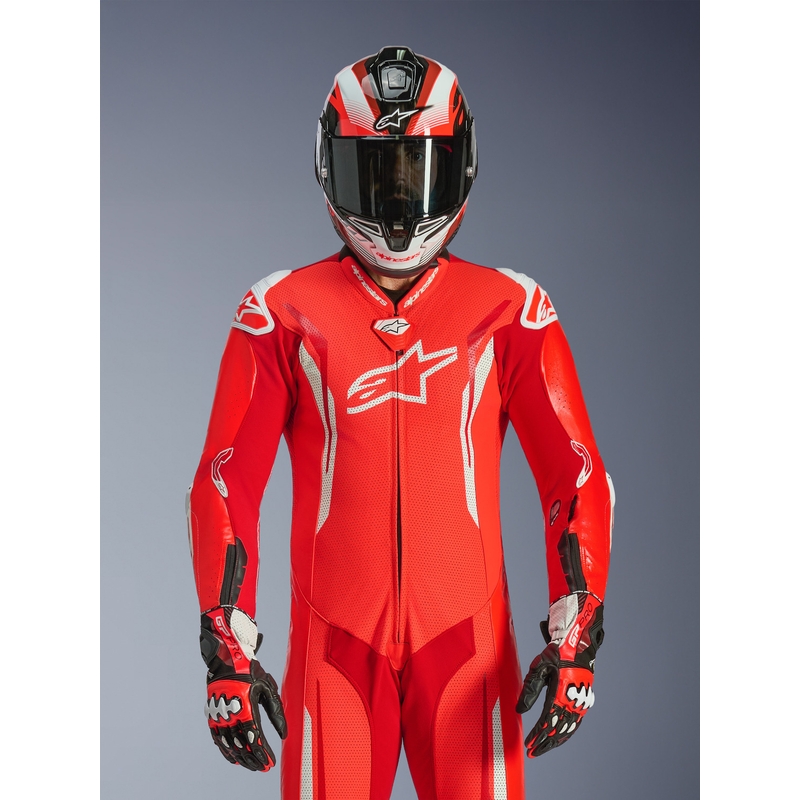 Alpinestars GP TECH V5 vientisas motociklo odinis kostiumas, fluorescencinė raudona-raudona-balta