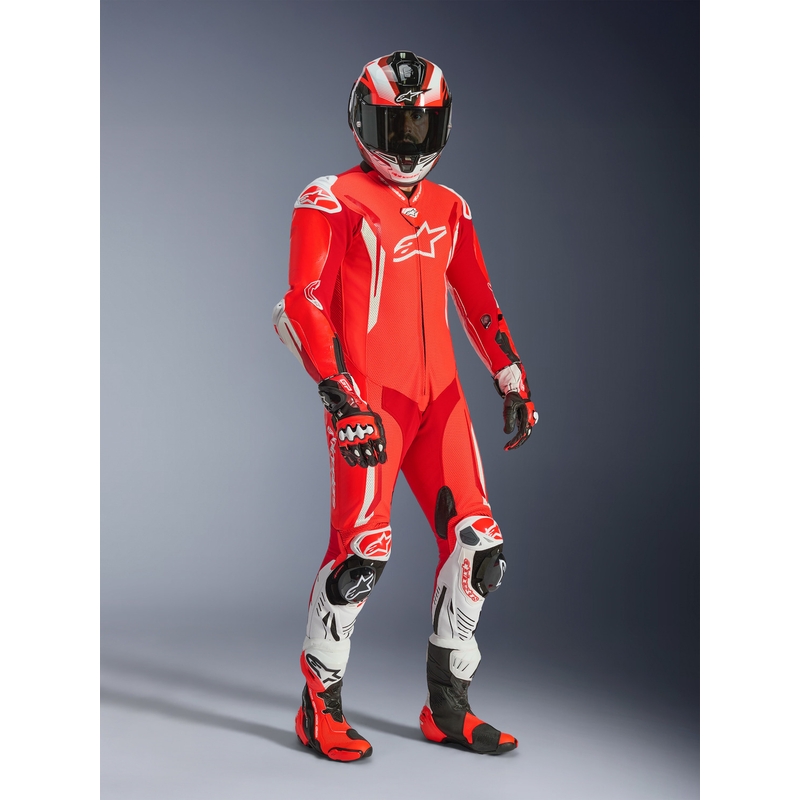 Alpinestars GP TECH V5 vientisas motociklo odinis kostiumas, fluorescencinė raudona-raudona-balta