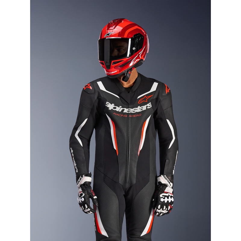 Alpinestars GP FORCE V2 vientisas motociklo kostiumas juodas-baltas-fluorescencinis raudonas