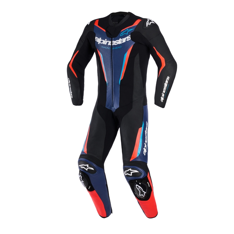 Alpinestars GP FORCE V2 vientisas motociklo kostiumas juodas-mėlynas-fluorescencinis raudonas-
