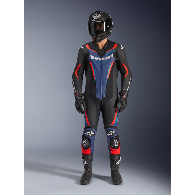 Alpinestars GP FORCE V2 vientisas motociklo kostiumas juodas-mėlynas-fluorescencinis raudonas-
