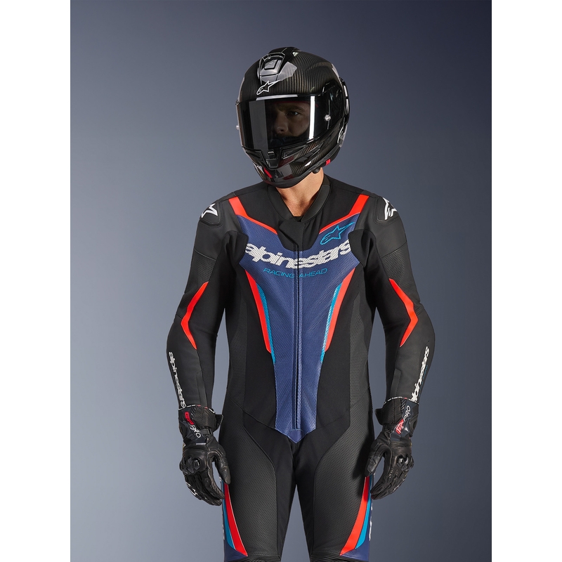 Alpinestars GP FORCE V2 vientisas motociklo kostiumas juodas-mėlynas-fluorescencinis raudonas-