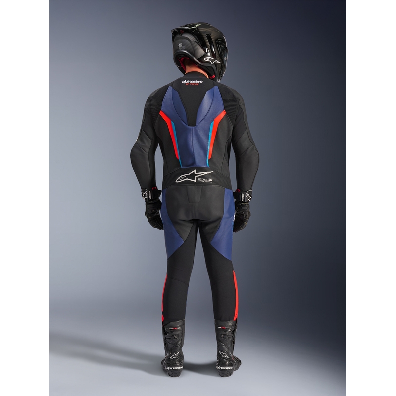 Alpinestars GP FORCE V2 vientisas motociklo kostiumas juodas-mėlynas-fluorescencinis raudonas-