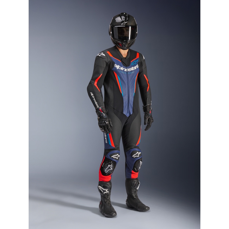 Alpinestars GP FORCE V2 vientisas motociklo kostiumas juodas-mėlynas-fluorescencinis raudonas-