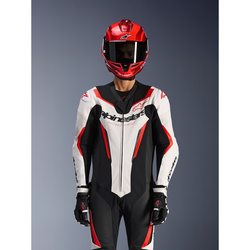 Alpinestars GP FORCE V2 vientisas motociklo kostiumas, baltas-juodas-fluorescencinis raudonas