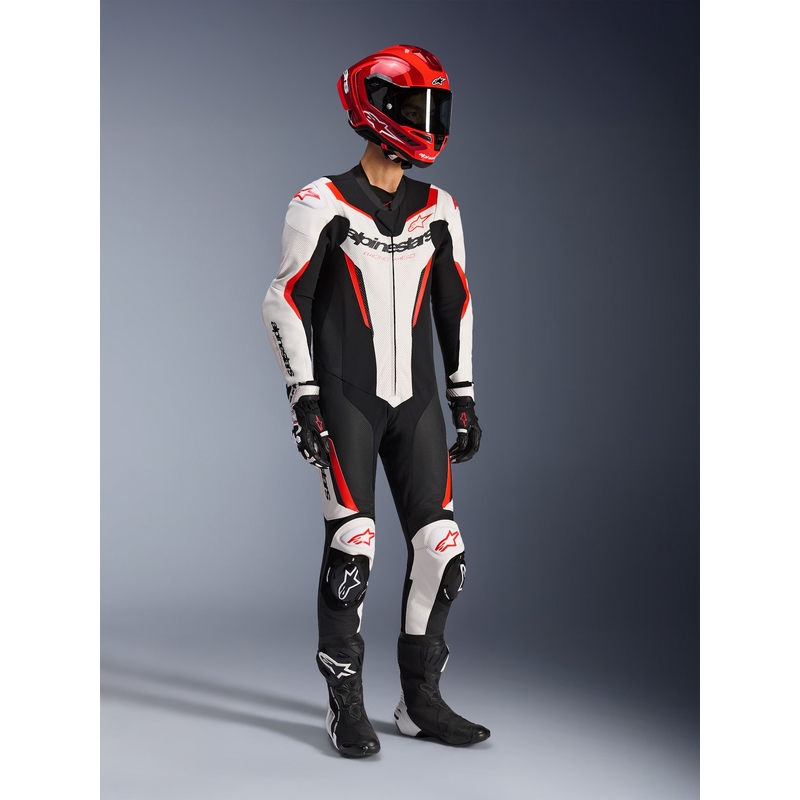 Alpinestars GP FORCE V2 vientisas motociklo kostiumas, baltas-juodas-fluorescencinis raudonas