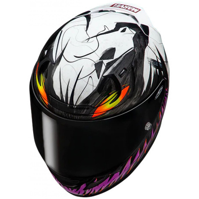 Uždaras motociklo šalmas HJC RPHA 12 Anti Venom 2 Marvel MC8 juoda-balta-violetinė