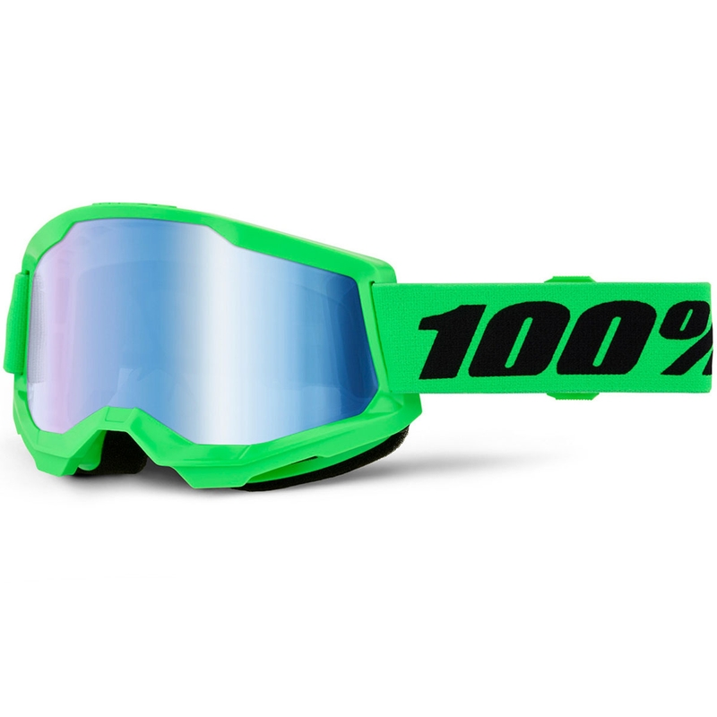 Motokroso akiniai 100% STRATA 2 NEW fluorescencinės žalios spalvos su mėlynu plexiglas