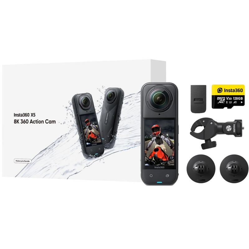 Insta360 X5 motociklo veiksmo kamera su komplektu, juoda