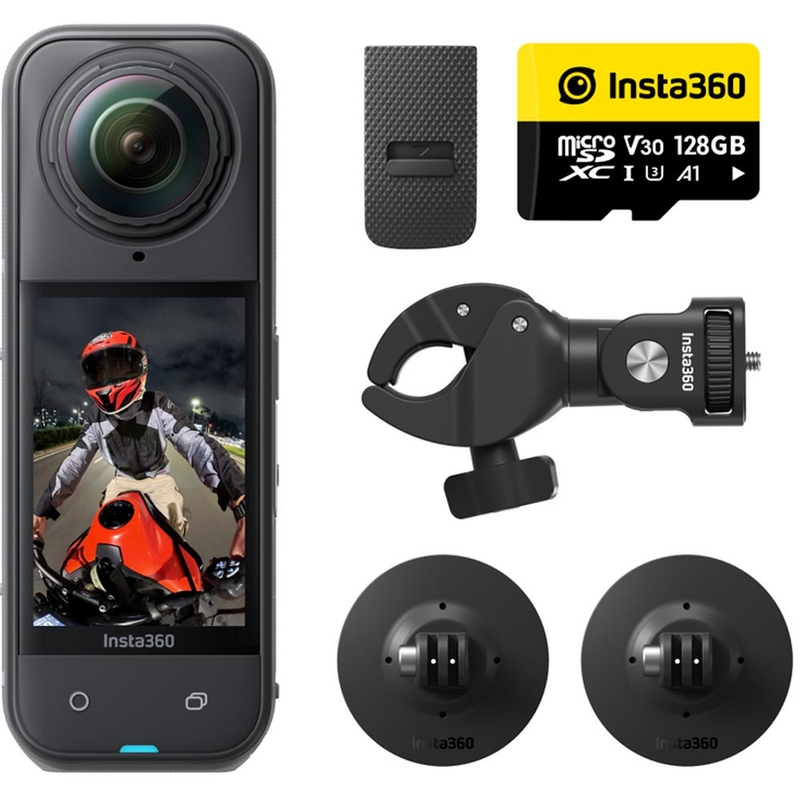 Insta360 X5 motociklo veiksmo kamera su komplektu, juoda