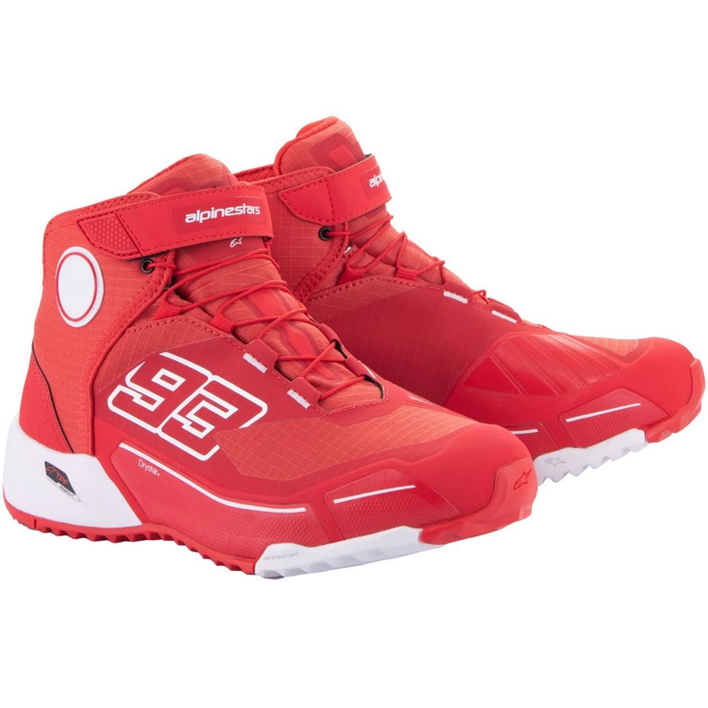 „Alpinestars CR-X Drystar MM93“ motociklo batai, raudonos ir baltos spalvos kolekcija