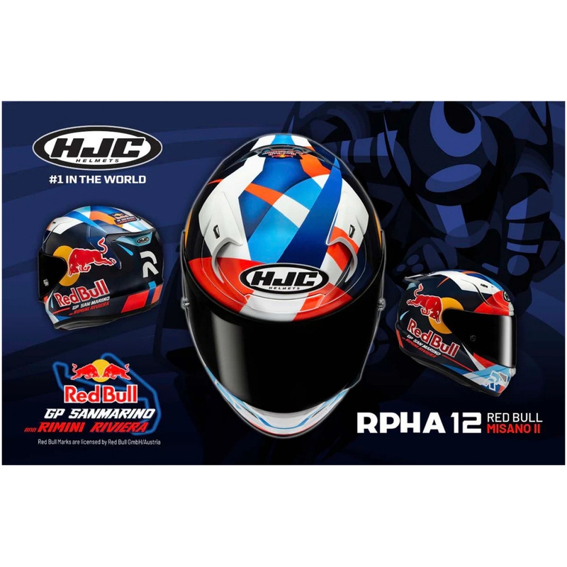 Uždaras motociklo šalmas HJC RPHA 12 Red Bull Misano GP 2 MC21 mėlyna-balta-raudona