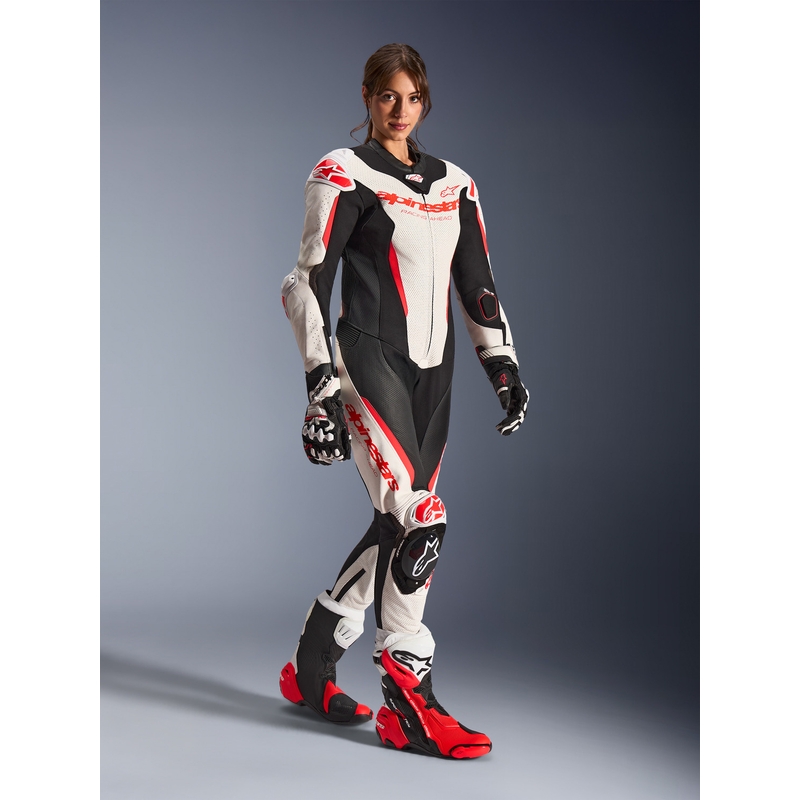 Moteriškas vientisas odinis motociklo kostiumas Alpinestars Stella GP-R7 balta-fluorescencinė raudona-juoda