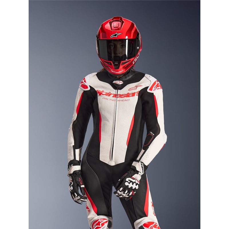 Moteriškas vientisas odinis motociklo kostiumas Alpinestars Stella GP-R7 balta-fluorescencinė raudona-juoda