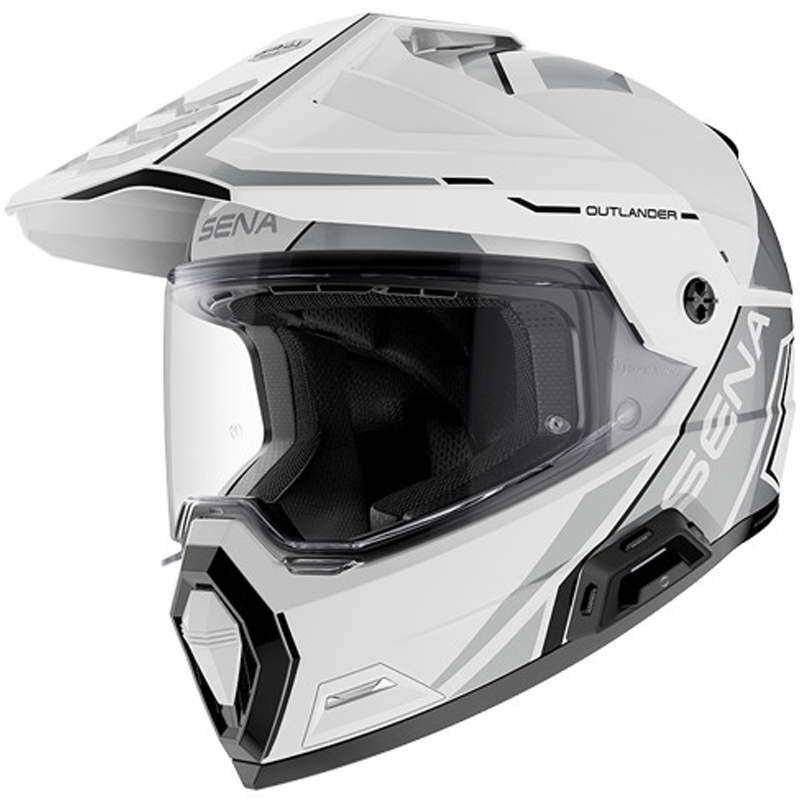 Enduro motociklo šalmas su ausinėmis SENA Outlander blizgiai baltas