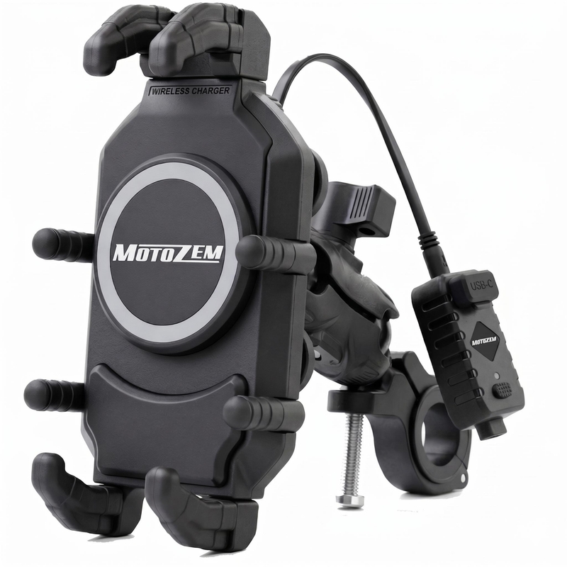 „MotoZem Claw PRO“ antivibracinis laikiklis su belaidžiu įkrovikliu ir USB-C lizdu, juodas