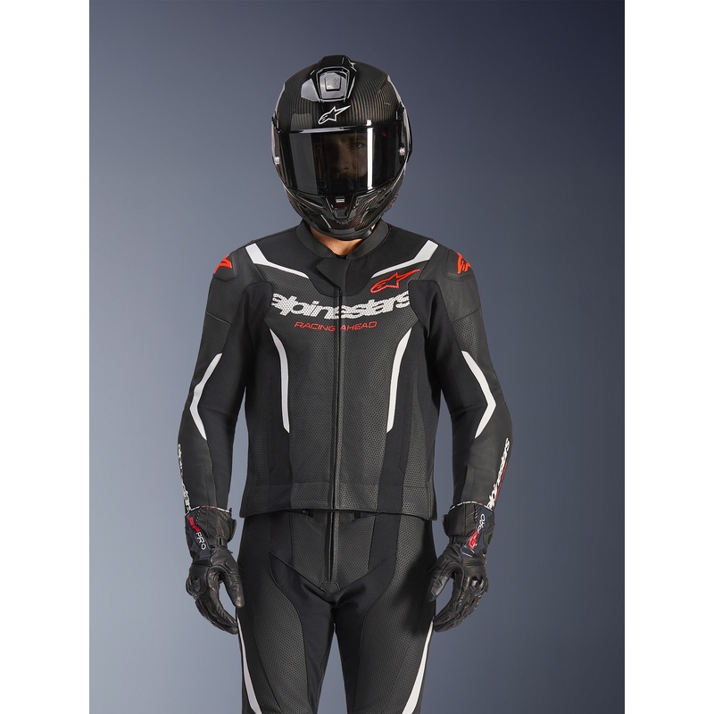 Alpinestars GP Force V2 dviejų dalių odinis kostiumas juoda-balta-fluorescencinė raudona