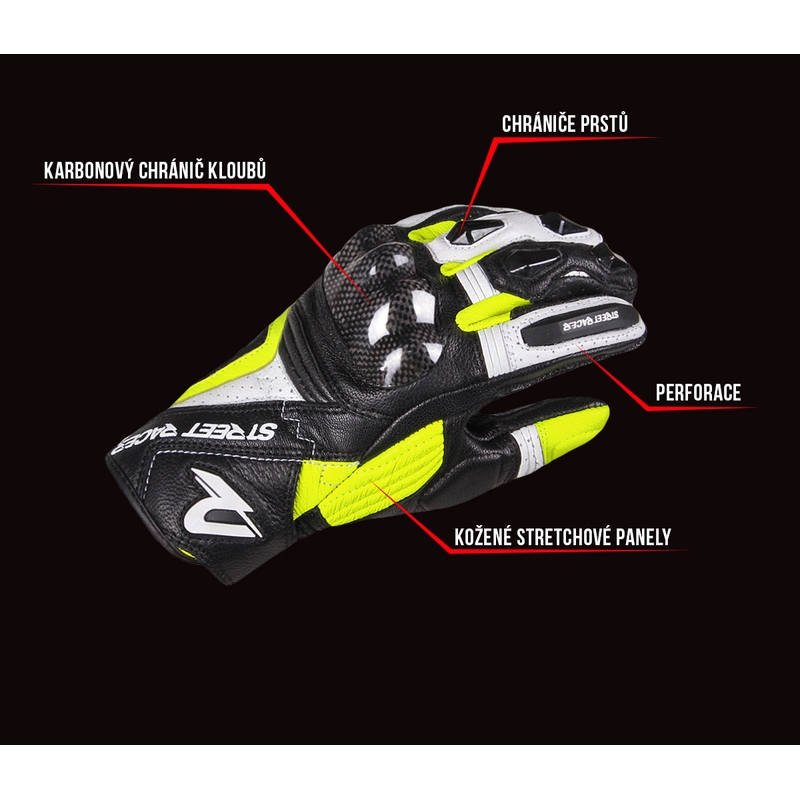 Dámské rukavice na motorku Street Racer XTR černo-bílo-fluo žluté výprodej