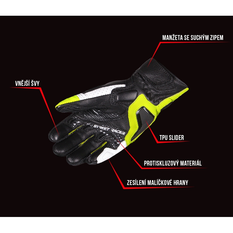 Dámské rukavice na motorku Street Racer XTR černo-bílo-fluo žluté výprodej