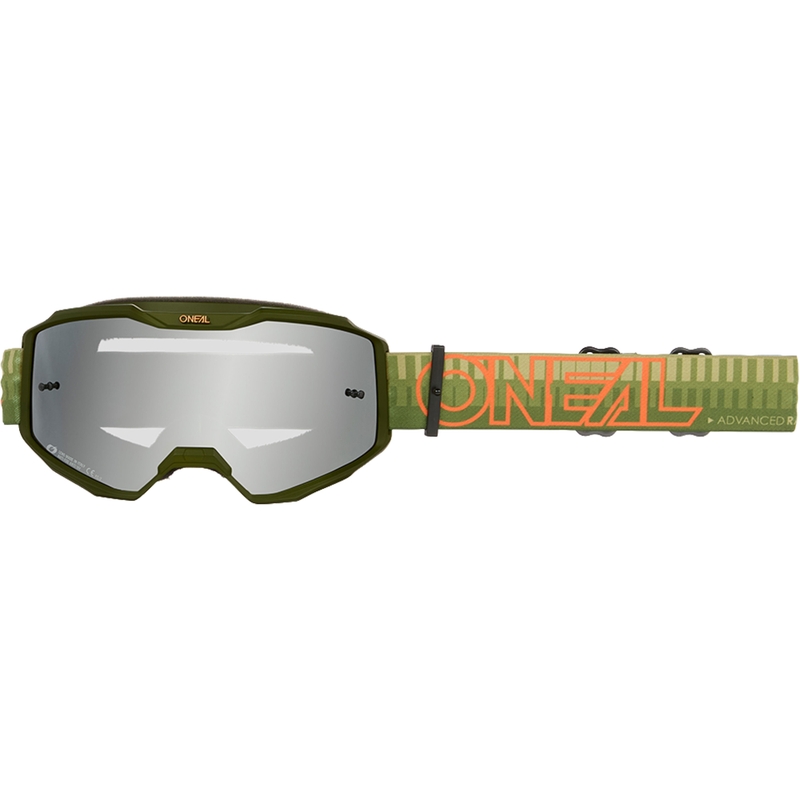 Motokroso akiniai O´Neal B-10 dryžuoti žaliai oranžiniai (veidrodinis sidabrinis plexiglass)