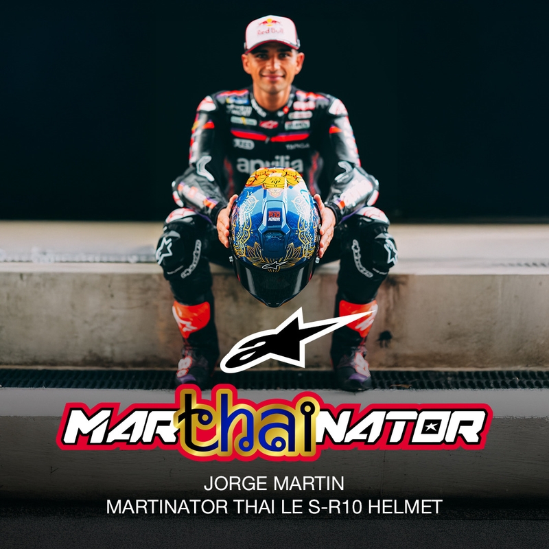 Uždaras motociklo šalmas „Alpinestars Supertech R10 Marthanator“ riboto leidimo JORGE MARTIN mėlynas perlas auksinis raudonas