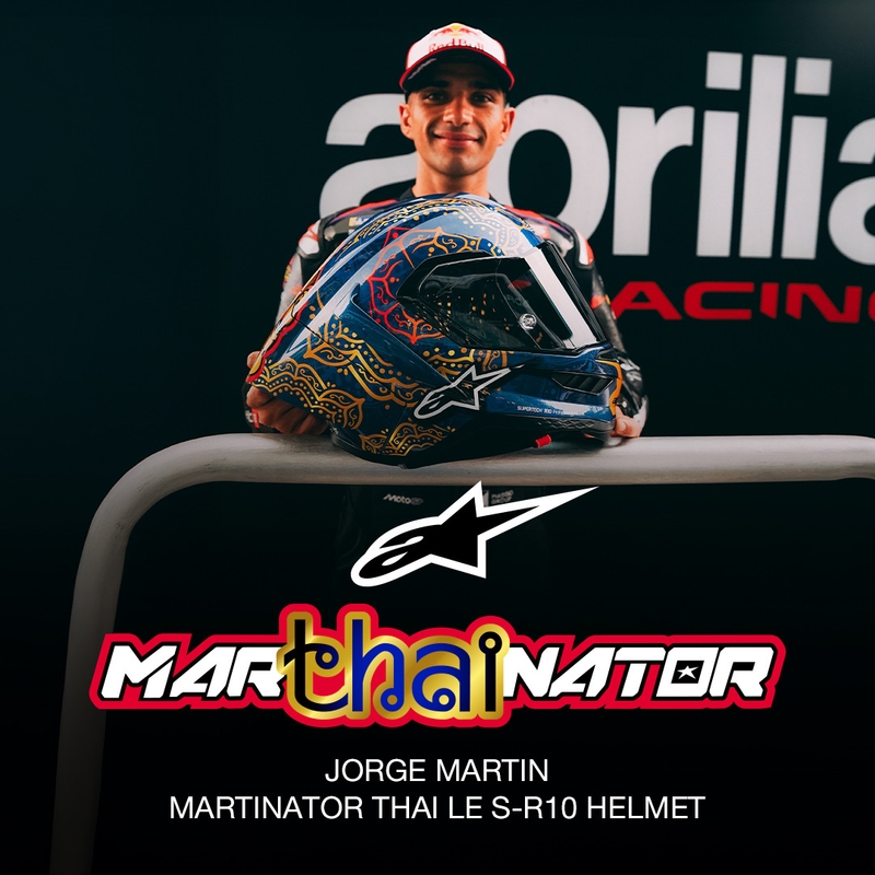 Uždaras motociklo šalmas „Alpinestars Supertech R10 Marthanator“ riboto leidimo JORGE MARTIN mėlynas perlas auksinis raudonas