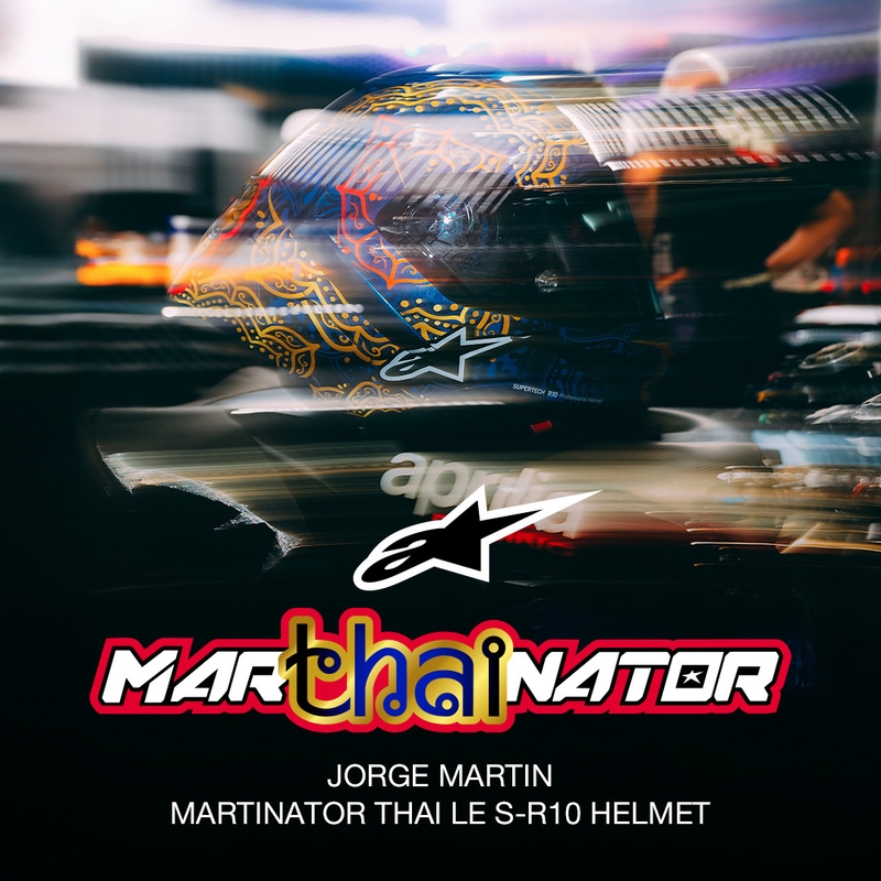Uždaras motociklo šalmas „Alpinestars Supertech R10 Marthanator“ riboto leidimo JORGE MARTIN mėlynas perlas auksinis raudonas