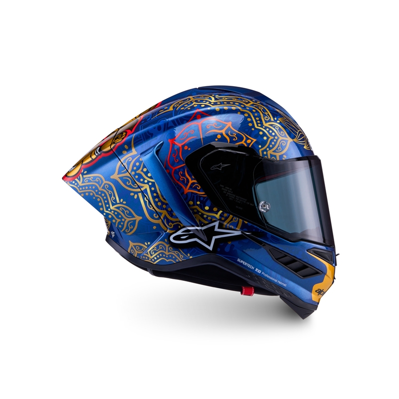 Uždaras motociklo šalmas „Alpinestars Supertech R10 Marthanator“ riboto leidimo JORGE MARTIN mėlynas perlas auksinis raudonas