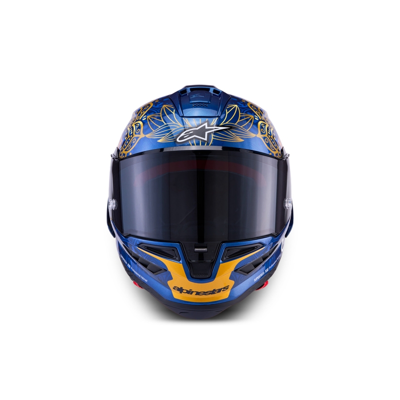 Uždaras motociklo šalmas „Alpinestars Supertech R10 Marthanator“ riboto leidimo JORGE MARTIN mėlynas perlas auksinis raudonas