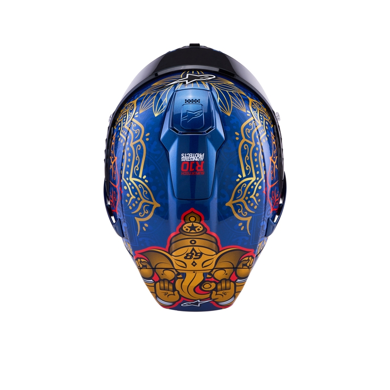 Uždaras motociklo šalmas „Alpinestars Supertech R10 Marthanator“ riboto leidimo JORGE MARTIN mėlynas perlas auksinis raudonas