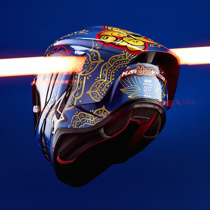 Uždaras motociklo šalmas „Alpinestars Supertech R10 Marthanator“ riboto leidimo JORGE MARTIN mėlynas perlas auksinis raudonas