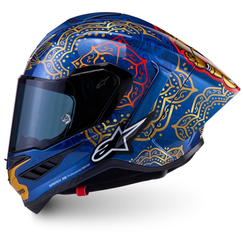 Uždaras motociklo šalmas „Alpinestars Supertech R10 Marthanator“ riboto leidimo JORGE MARTIN mėlynas perlas auksinis raudonas