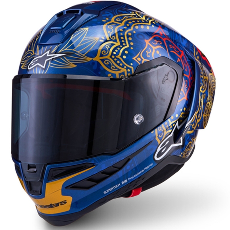 Uždaras motociklo šalmas „Alpinestars Supertech R10 Marthanator“ riboto leidimo JORGE MARTIN mėlynas perlas auksinis raudonas