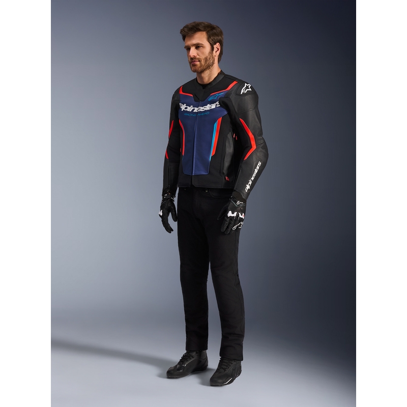 Alpinestars GP Force V2 odinė motociklo striukė, juoda-mėlyna-fluorescencinė raudona