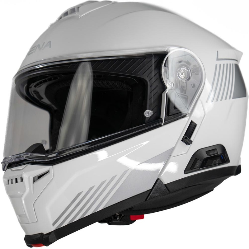 Atlenkiamas motociklo šalmas su ausinėmis SENA Specter baltas